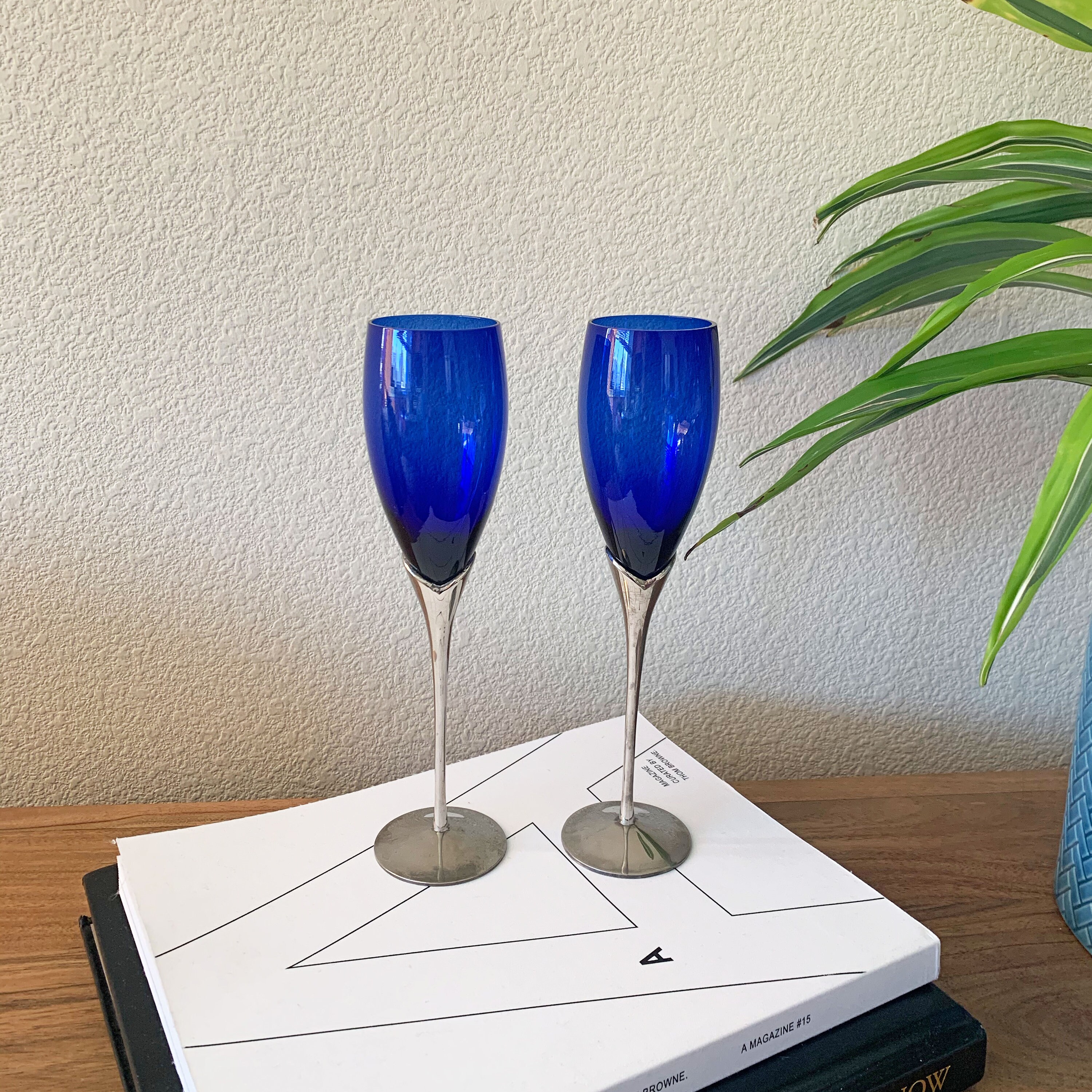 Vintage Cobalt Blue Champagne Glasses with Silver Stem Etsy