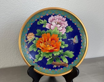 Chinese 8-1/2"  Cloisonne Floral Enamel Plate with display stand and storage box | Eclectic Style Home Decor