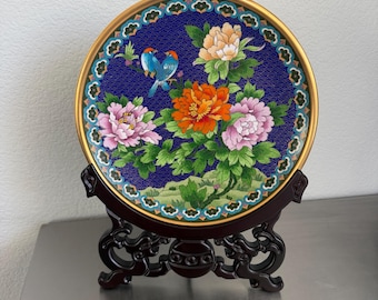 Large Chinese Cloisonne Enamel Plate | Floral Display, 10.5" with Stand