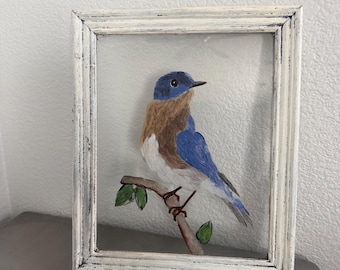 Vintage Hand-Painted Bird Wall Decor with Rustic White Wood Frame｜Cottagecore Nursery Decor｜Small Wall Decorative