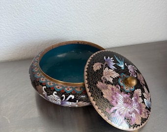 Large Antique Chinese Cloisonne Floral Enamel Bowl with Lid | Eclectic Style Home Decor