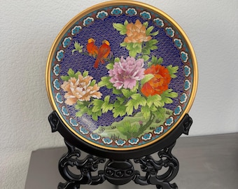 Large Chinese Cloisonne Enamel Plate | Floral Display, 10.5" with Stand