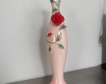 Large Vintage Fine Porcelain Vase | Pale Pink with Red Rose as Decoration