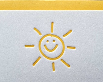 Happy Sun Card Set (6) | Bright Sunny Letterpress A2 Cards with Envelopes | Warm Cute Sun Notecard Printing on Cotton Paper
