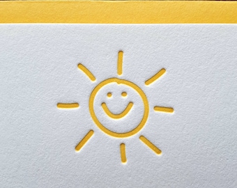 Letterpress Sun Card Set | Cotton Paper Notecards, Sunny Yellow Envelopes