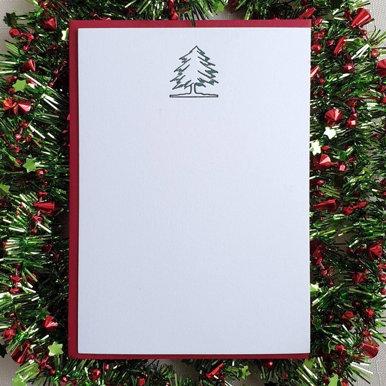 Minimal Tree Card Set 8 Holiday Letterpress Cards with Envelopes Christmas Tree Notecard Stationery Printed on Cotton Paper image 1