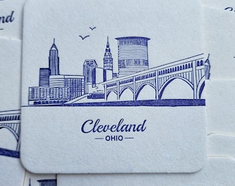 Cleveland Printed Coaster Set (10) | CLE Letterpress Skyline Drink Coasters | Ohio Stationery | The Land | Cle guardians Cavaliers Browns