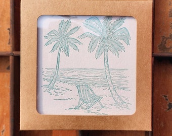 Summer Beach Letterpress Printed (10) Coaster Set | Summer Drinks Coaster | Beach Vacation Illustration Handmade Print