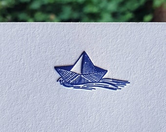 Letterpress Sailboat Notecards: Debossed Origami Boat, Cotton Paper