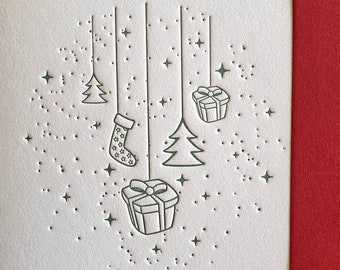 Ornaments Card Set | Holiday Letterpress Card with Envelopes | Christmas Stationery Notecard printed on Cotton Paper