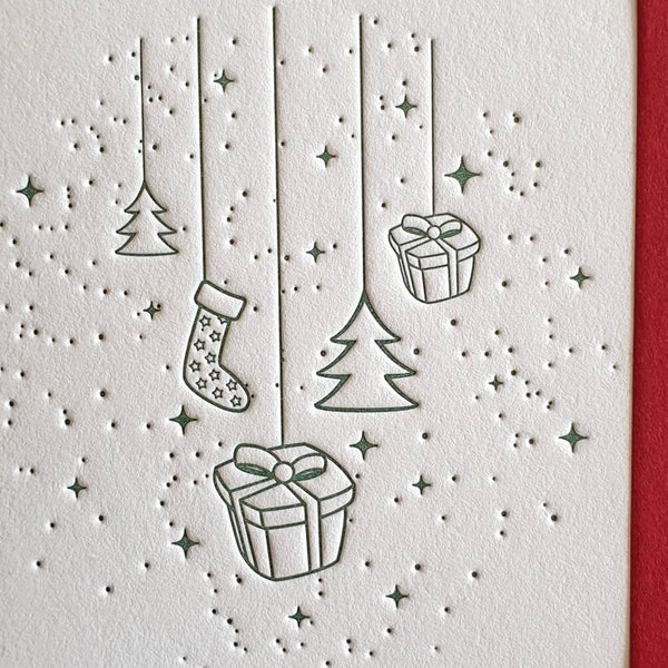 Ornaments Card Set | Holiday Letterpress Card with Envelopes | Christmas Stationery Notecard printed on Cotton Paper