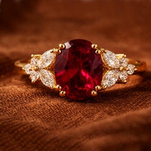Op de afbeelding: Een gouden ring met een grote, ovaal geslepen, dieprode edelsteen als middelpunt. De ring is versierd met kleinere, heldere edelstenen in een bloemmotief aan weerszijden van de hoofdsteen. De ring is geplaatst tegen een bruine achtergrond.