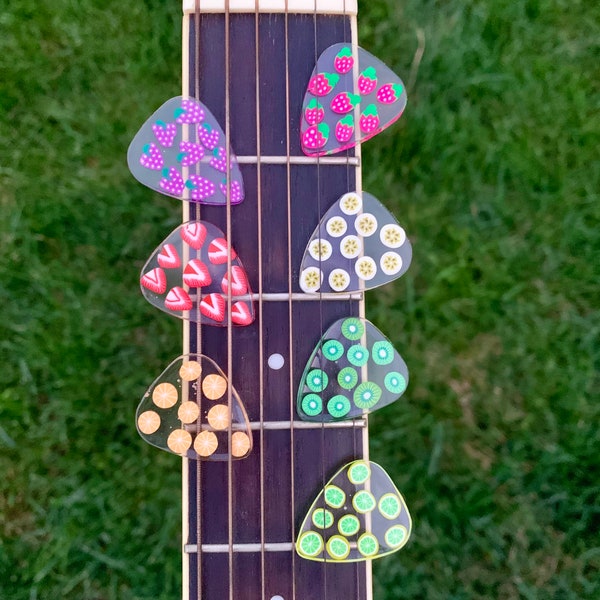 Fruit Guitar Picks, food themed guitar pick, resin guitar pick, pack of 7 guitar picks, custom made guitar picks