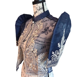 May include: A navy blue sheer blouse with intricate gold embroidery and a high collar. The blouse features puffed sleeves and a button closure. The fabric has a print with the text "PARIS" and "1889".