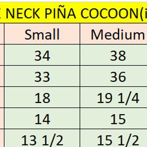 May include: A size chart for a square neck Pi&ntilde;a Cocoon top, with measurements in inches. Sizes include Small, Medium, and Large, detailing bust, waist, armhole, shoulder, and length measurements for each size.