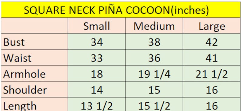 May include: A size chart for a square neck Pi&ntilde;a Cocoon top, with measurements in inches. Sizes include Small, Medium, and Large, detailing bust, waist, armhole, shoulder, and length measurements for each size.