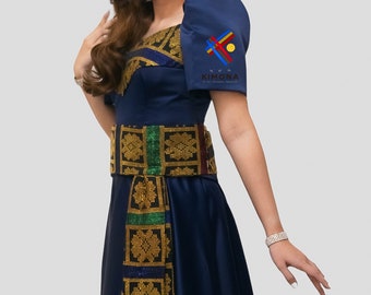 modern filipiniana dress blue Sky-Blue Satin Puff-Sleeve Midi Dress  trinarosh
