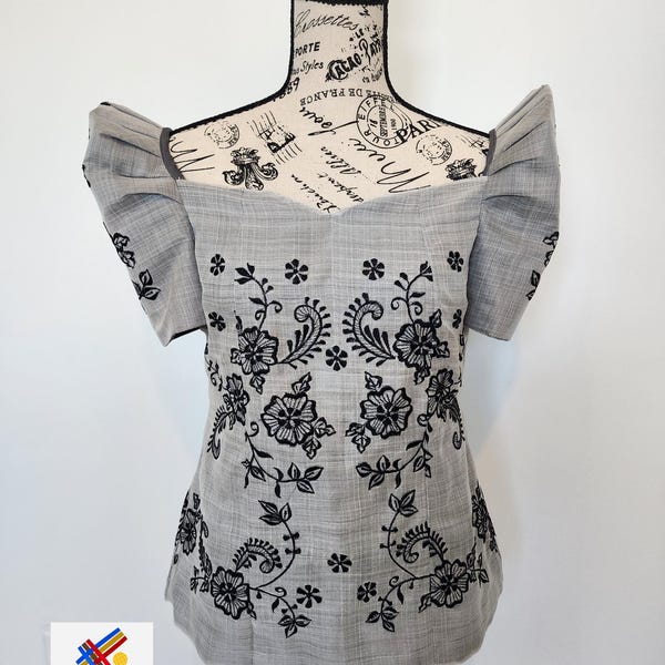Top Filipiniana Moderno Preto Apenas, Pińa Cocoon, Tecido Filipino, Traje Formal, Top Bordado, Traje de Casamento Filipino, Para Mãe