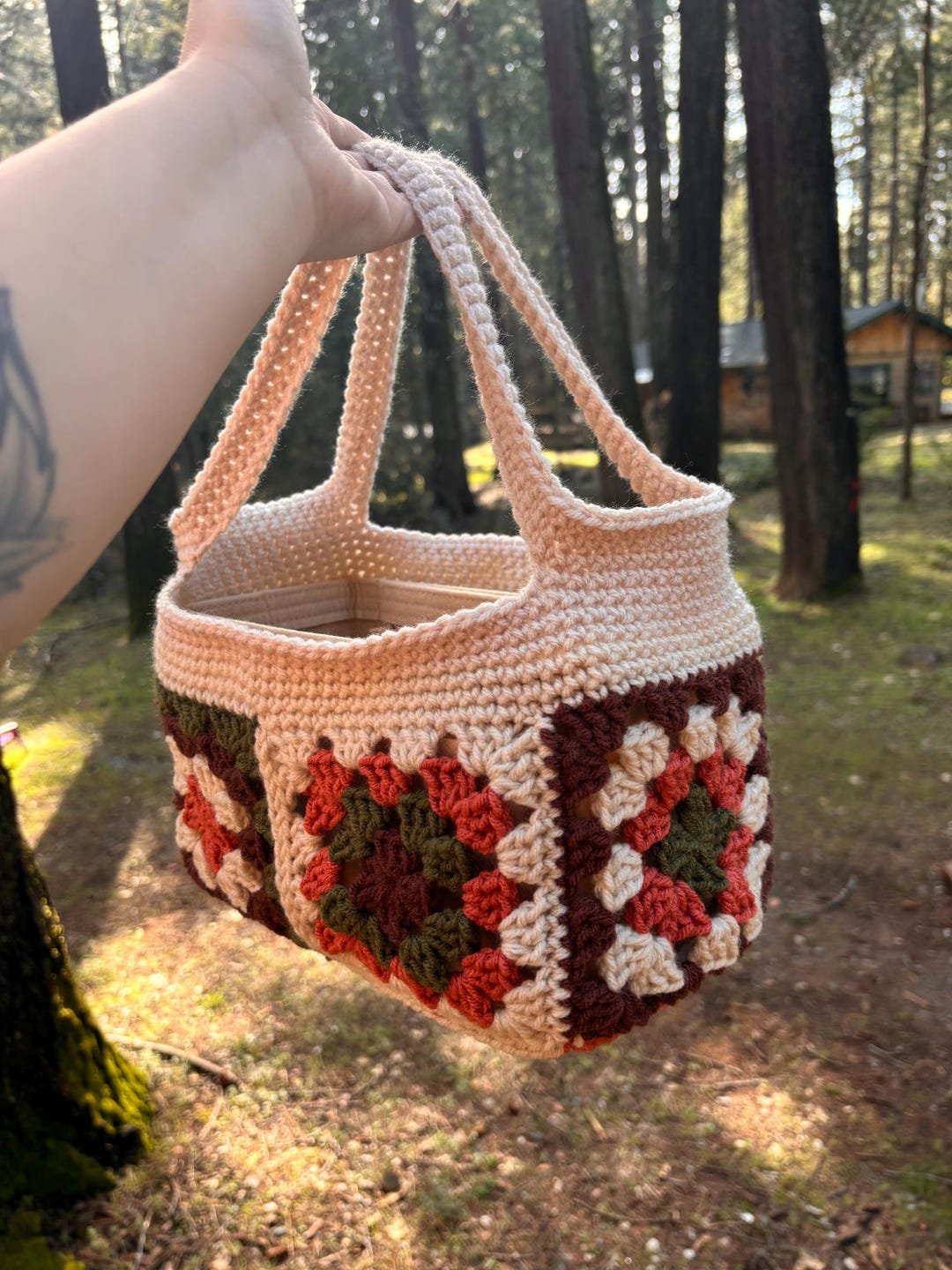 Handmade Crochet Granny Square Top Handle Bag With Removable