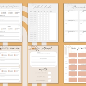 May include: A collection of printable planner pages with a minimalist design. The pages include sections for appointment overviews, follicle checks, ultrasounds, egg retrieval, and a TWW journal. The color scheme is neutral with a peach and cream palette.