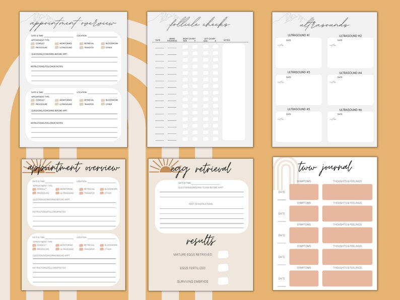 May include: A collection of printable planner pages with a minimalist design. The pages include sections for appointment overviews, follicle checks, ultrasounds, egg retrieval, and a TWW journal. The color scheme is neutral with a peach and cream palette.