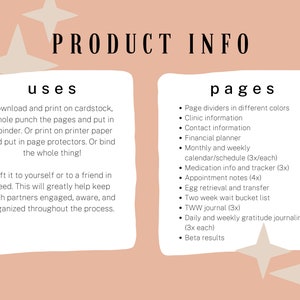 May include: Product info graphic with text on a peach background. The text includes "uses" and "pages" with a list of features such as page dividers, clinic information, and a financial planner. Decorative star shapes are in the background.