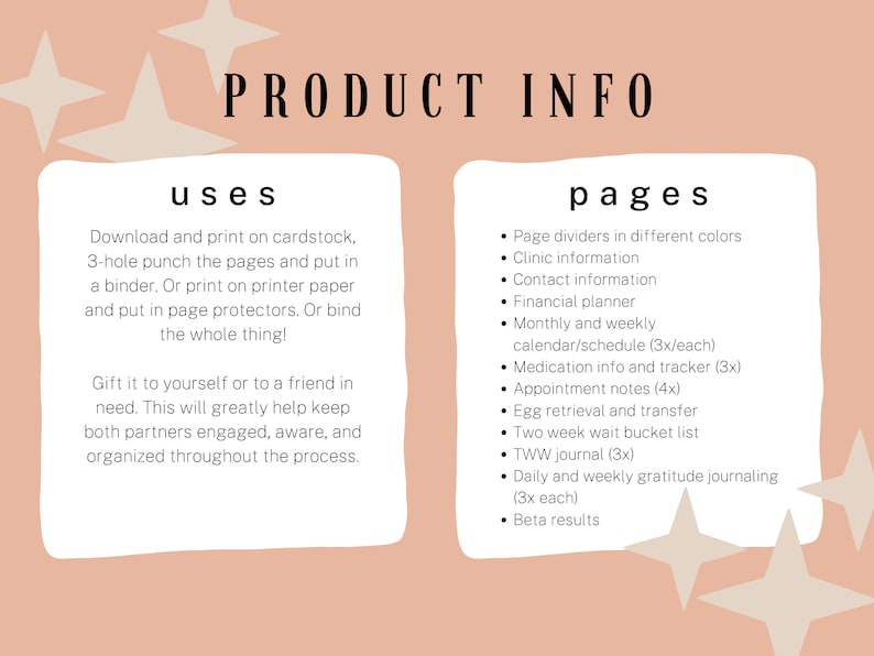 May include: Product info graphic with text on a peach background. The text includes "uses" and "pages" with a list of features such as page dividers, clinic information, and a financial planner. Decorative star shapes are in the background.