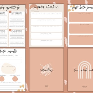 May include: A collection of six printable journal pages with a soft, neutral color palette. The pages include sections for daily gratitude, weekly check-ins, beta results, and a post-beta journal. The design incorporates minimalist graphics and handwritten-style text.