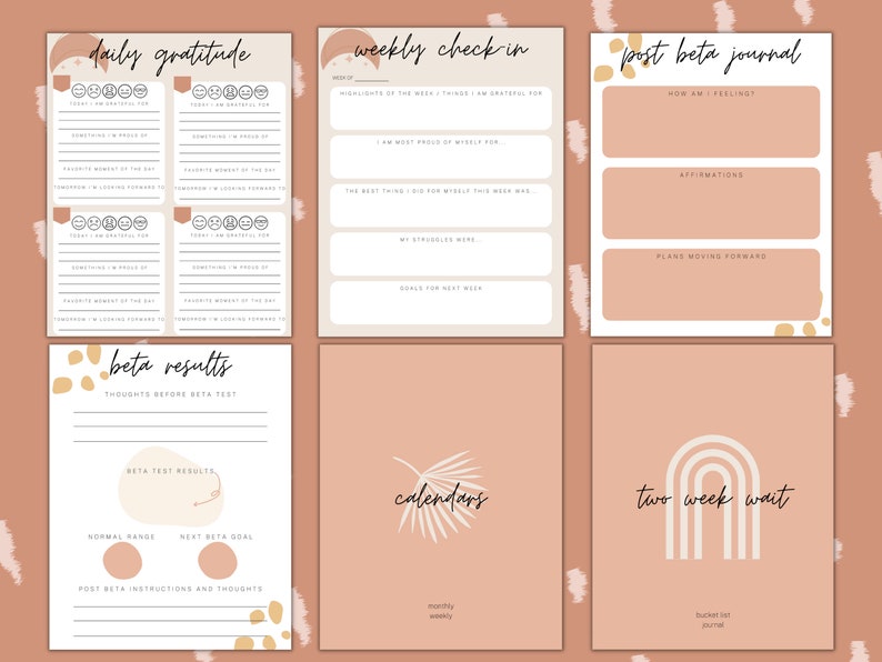 May include: A collection of six printable journal pages with a soft, neutral color palette. The pages include sections for daily gratitude, weekly check-ins, beta results, and a post-beta journal. The design incorporates minimalist graphics and handwritten-style text.