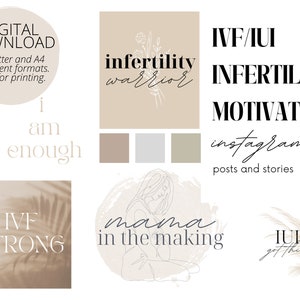 Pode incluir: Gráficos de download digital com texto, incluindo "Infertility Warrior", "I am enough" e "IVF Strong". A imagem apresenta uma paleta de cores neutras com ilustrações botânicas e as palavras "posts e stories do Instagram".