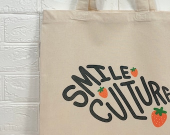 smile culture tote, strawberry tote bag, minimal canvas tote, fruit tote, graphic tote