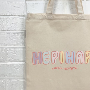 hepihapi tote bag, happiness tote, smile culture tote, pastel tote, minimal canvas tote, graphic tote