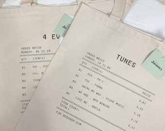 custom song receipt tote, customizable song playlist tote bag, custom canvas tote