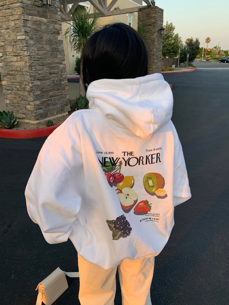 new yorker fruits hoodie, magazine cover print, new yorker print, graphic design hoodie 