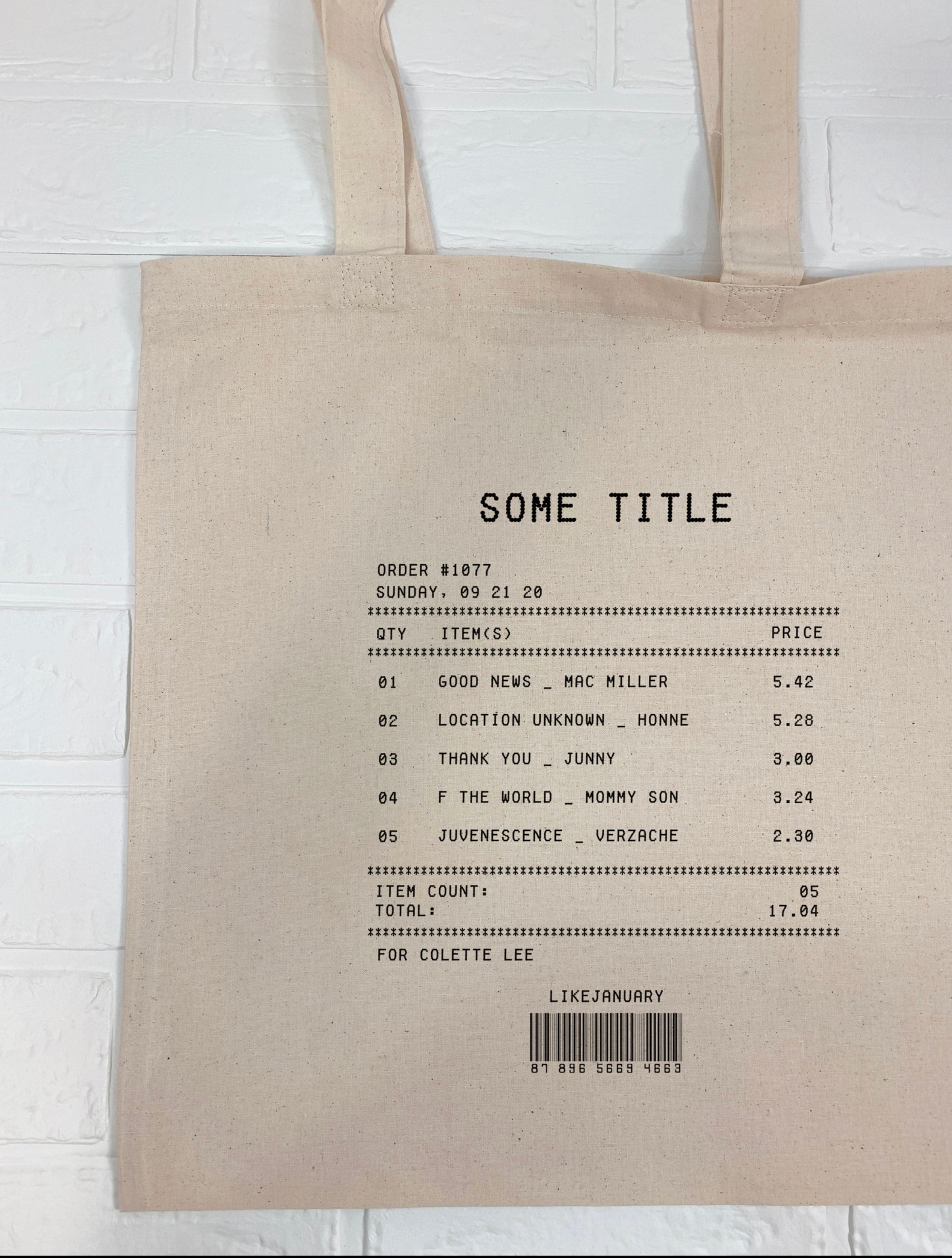 Custom Song Receipt Tote Customizable Song Playlist Tote Bag Etsy