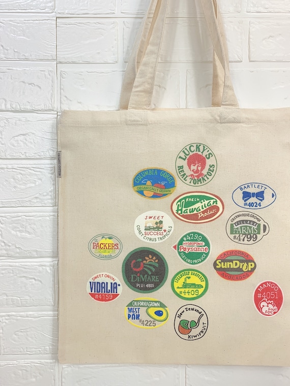 fruit sticker tote bag, graphic tote, fruit tote, food tote