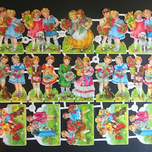 EAS 3006 Vintage Die Cut Scrap Paper Glanzbilder Children Flowers Dogs Full Double Sheet 4 Altered Art Scrapbooking Collecting
