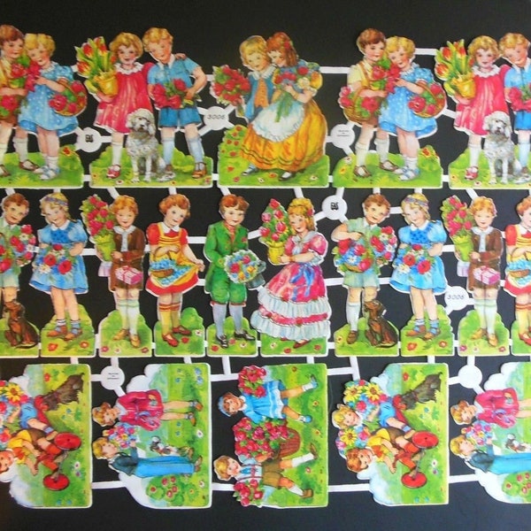 EAS 3006 Vintage Die Cut Scrap Paper Glanzbilder Children Flowers Dogs Full Double Sheet 4 Altered Art Scrapbooking Collecting