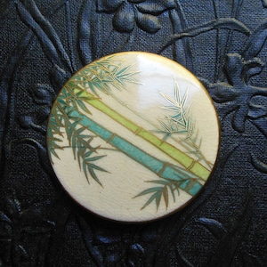 Vintage Extra Large 2&quot; Inch Hand Painted Hand Made Marked SATSUMA Ceramic Button - Bamboo - Jade Green/Chartreuse