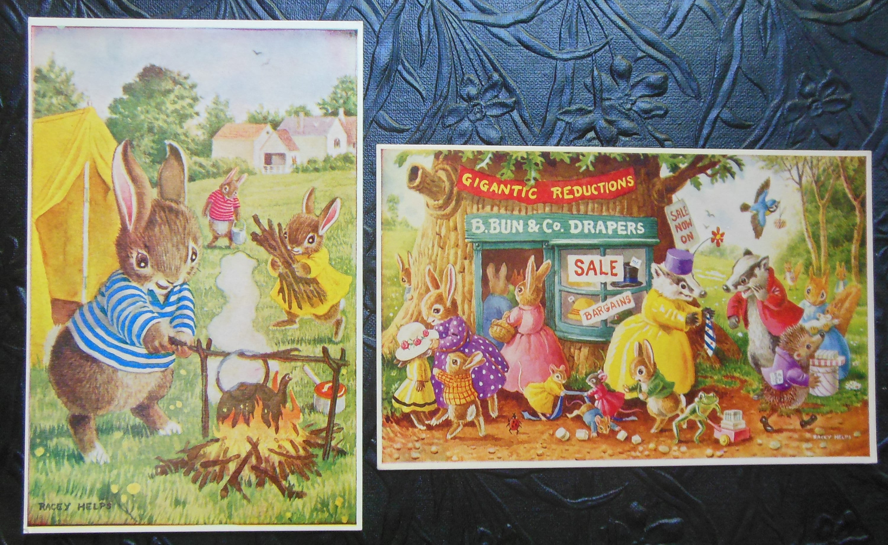 The Campers-Bunnies Build Fire & The Sale-Dressed Mice Rabbits Badger-Artist Signed Racey Helps-2 Vintage Unused Postcards