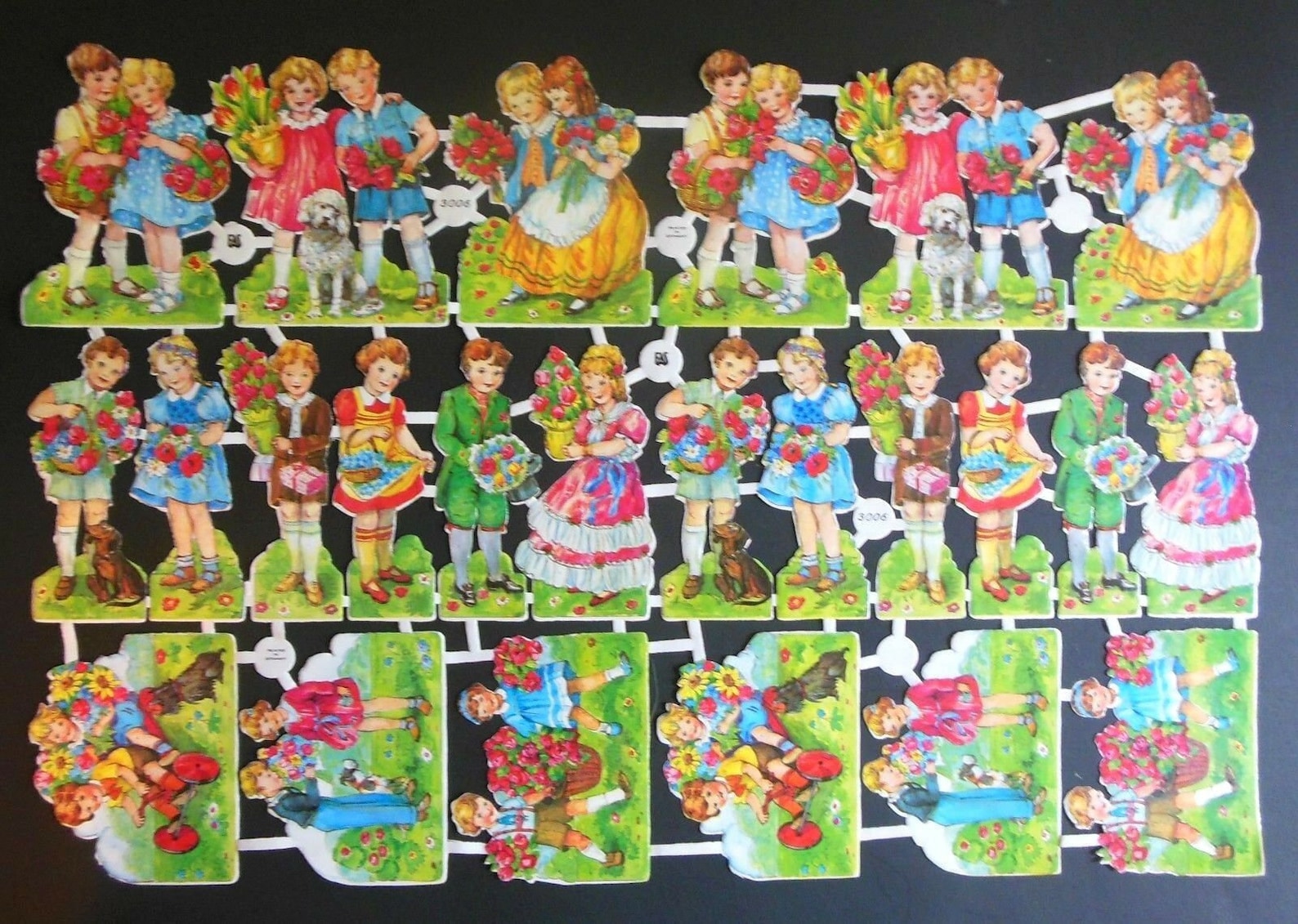 EAS 3006 Vintage Die Cut Scrap Paper Glanzbilder Children Flowers Dogs Full Double Sheet 4 Altered Art Scrapbooking Collecting