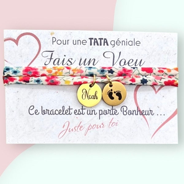 Bijou personnalisé en cordon liberty, cadeau tata, bracelet porte bonheur, bijou personnalisé, bracelet de voeux