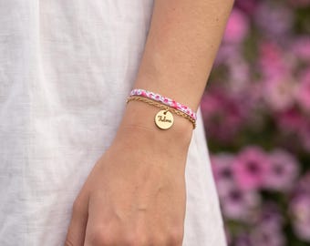 Personalized 2-row bracelet, women's bracelet, Liberty cord and stainless steel chain