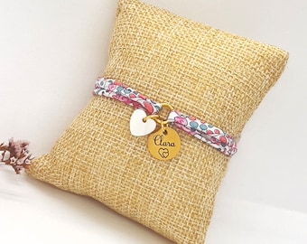 Bracelet personnalisé en tissu avec son petit Cœur en nacre , Cadeau maman, Bijou enfant, By Mathis