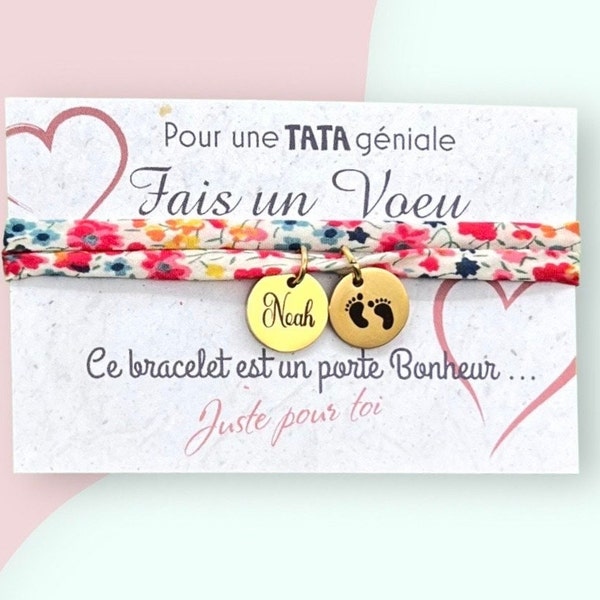 Bijou personnalisé en cordon liberty, bracelet porte bonheur, Cadeau personnalisé Tata, bracelet de voeux pour Tata, bijou porte bonheur