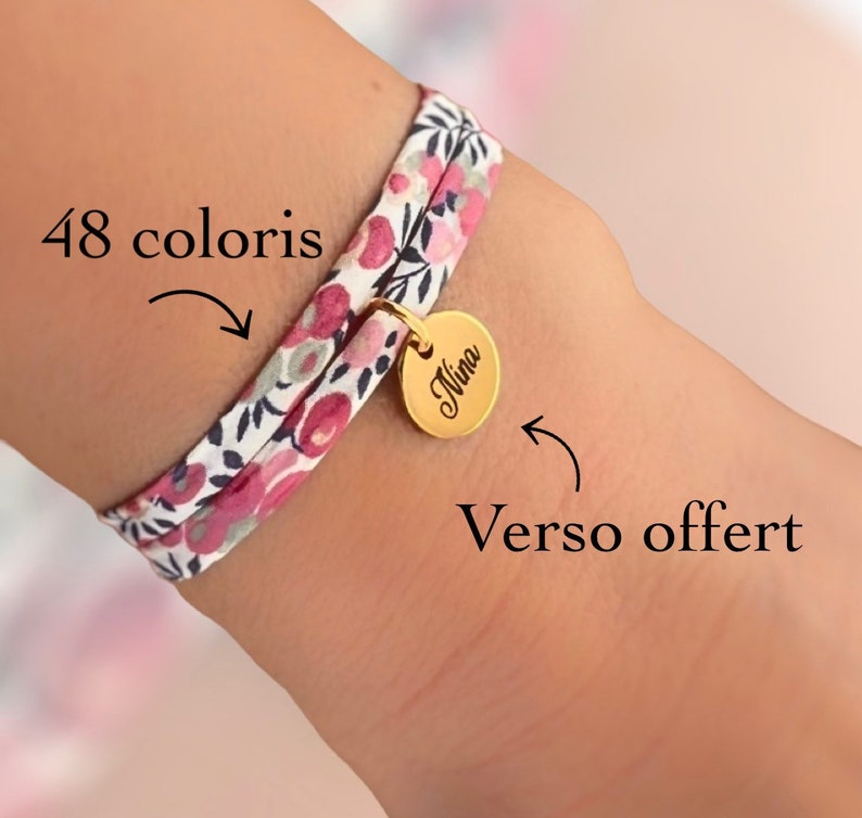 Bracelet personnalisé en tissu liberty, bijou personnalisé pour femme et enfant, 48 coloris au choix, 22 polices d’écriture