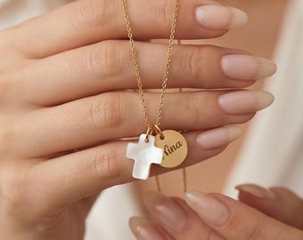 Necklace with or without a personalized pendant, communion necklace with its mother-of-pearl cross