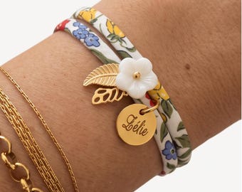 Personalized Liberty print bracelet, mother-of-pearl flower, personalized gift, women's bracelet