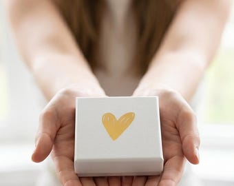 Reusable gift box for jewelry, white embossed case with gold heart, black velvet cushion, gift packaging