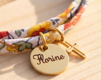 Bracelet communion en cordon liberty, bracelet à personnaliser avec sa croix , cadeau profession de foi, cadeau anniversaire